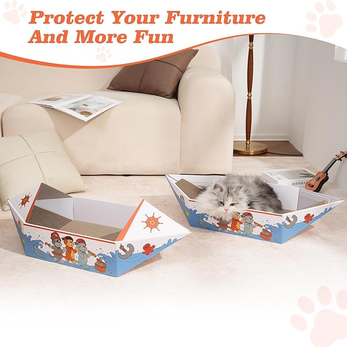 Cat Scratcher Boat with 5 Pack Cardboard Scratch Pad, 30" Extra Long Cat Scratch Box for Indoor Cats, Heavy Duty and Double-Sided Scratching Board