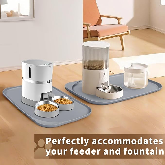 Silicone Pet Feeding Mat with Raised Edge & Residue Collection Pocket for Food and Water, Dog Bowl Mats, Cat Bowls Placemat with High Lip for Floor Waterproof, 24 x 16 x 0.8 Light Gray