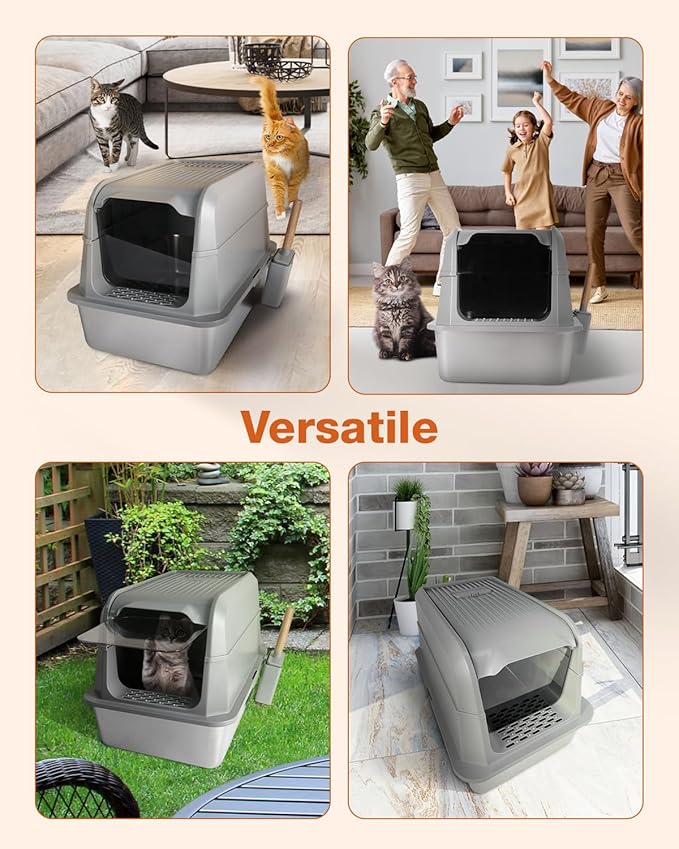 Stainless Steel Litter Box with Lid - Extra Large Cat Litter Boxes for Big Cats with Mat & Scoop - Anti-Leakage, Odor-Proof, High-Sided, Non-Stick＆ Easy to Clean - Ideal for Multi-Cat Homes - Gray