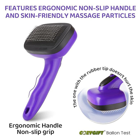 Dog Brush Kit – 3 PCS Grooming Set with Self-Cleaning Brush, Undercoat Rake & Pet Bath Brush. Great for Shedding, Tangles & Dirt Removal – Ideal for Long & Short Haired Dogs & Cats, Purple