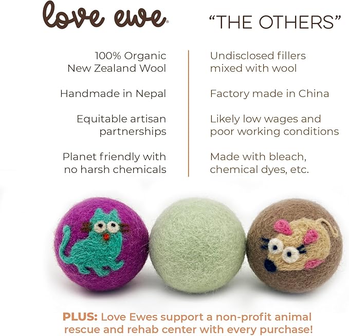 Wool Felt Balls 3 Pack Love Ewe Pet Supplies - 2 in Felted Wool Cat Toys 100% New Zealand Wools Felt Cat Toys Handmade Wools Felts Balls - Cats Felts Ball, Colorful Ball - Cats and Mouse