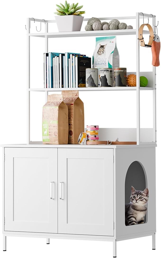 Cozy Castle Litter Box Enclosure, 57'' Cat Litter Box Furniture with Large Cabinet, Shelves and 4 S-Hooks, Hidden Cat House for Most of Litter Boxes, Wooden Pet Washroom Indoor, White