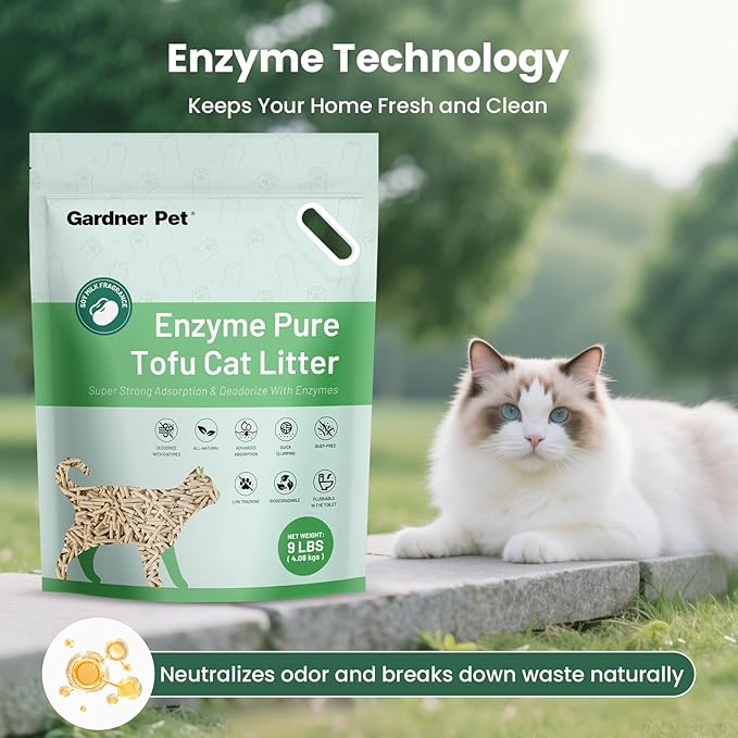 Gardner Pet Enzyme Tofu Cat Litter, Flushable Clumping Cat Litter, Low Dust, Odor Control, Plant-Based Natural Kitten Litter with Fast Absorption & Low Tracking (9LBS)
