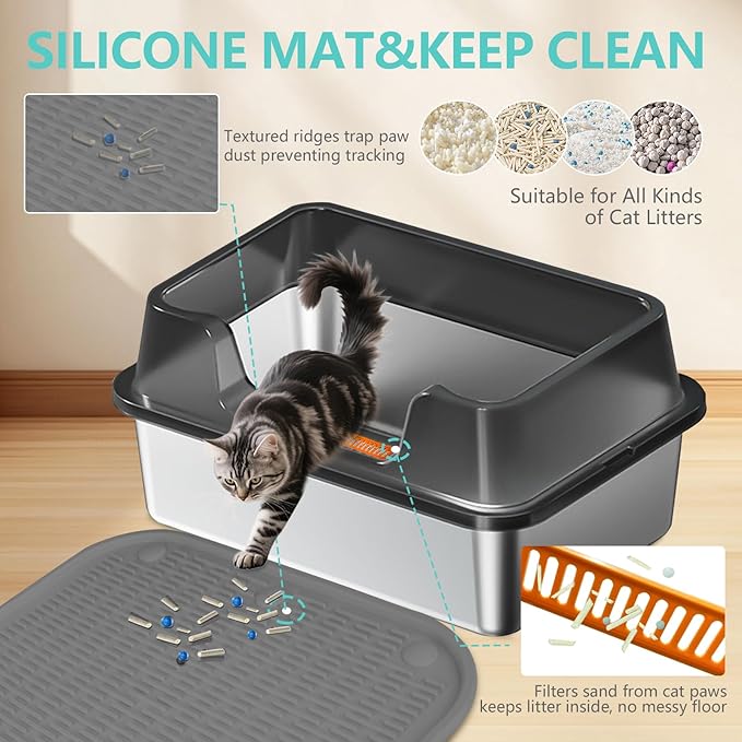 XL Stainless Steel Litter Box with Lid - 23.7"×15.7"×10.6" High Sided Metal Tray for Big/Multi-Cats, Anti-Leak Easy Clean Scoop & Foot Mat (Black)