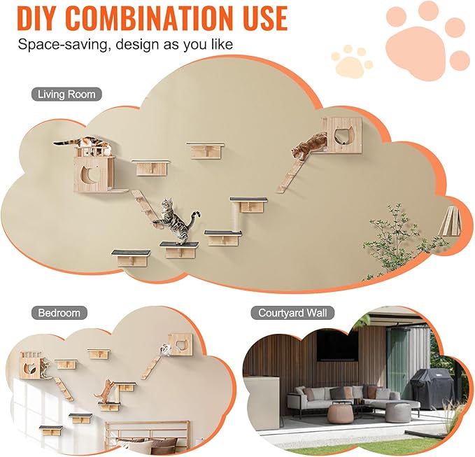 VEVOR Wall Mounted Cat Shelves, Perches with Jumping Boards,Hammocks & Cat Tree, Cat Furniture and Shelves up to 40 lbs for Sleeping, Playing, Climbing, Set of 9