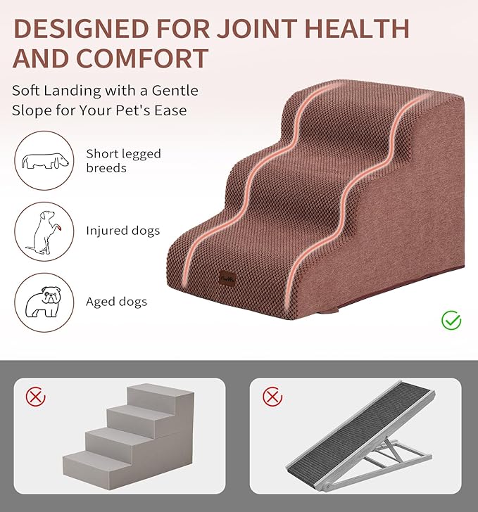 Made4Pets Dog Stairs Ramp for Small Dogs, 3-Step Dog Steps for Bed Couch Sofa and Chair, 35D Foam Pet Steps for Small Dogs and Cats, Non-Slip Bottom Pet Stairs, Brown