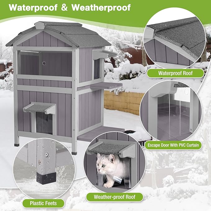 Insulated Outdoor Cat House with Escape Door 2-Story Weatherproof Kitty Shelter with Insulated Liner Large Feral Cat Shelter with Window