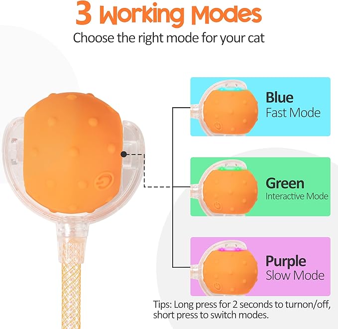 Interactive Cat Toys Ball for Indoor Cats, Automatic Moving Ball Toy with Elastic Mesh Tail, Chirping & Obstacle Avoidance and Motion Activated, Orange【Rechargeable】