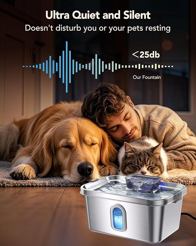 Dog Water Fountain for Large Dogs Stainless Steel Dog Water Fountain 2 Gal Cats & Pets Automatic Pet Water Fountain with Large Drinking Area Ultra-Quiet Pump Water Fountain Dog Bowl with Filters