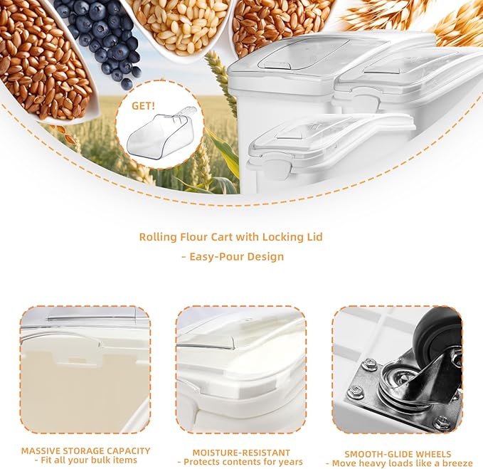 Ingredient Storage Bin,26 Gallon Dispenser Bin with Scoop for Dry Food, Sugar, Baking Supplies,Kitchen Rice Cereal Flour Bin,BPA Free,Pet Food Storage Container,Dog Cat Birds Food (26 Gallon)