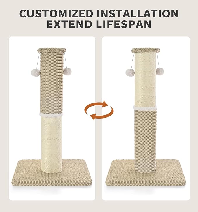 Made4Pets Tall Cat Scratching Post, Heavy Duty and Thicker Scratching Posts for Indoor Cats Adults, 23.6" Natural Sisal Cat Scratcher with Hanging Balls, Sturdy Base Cat Scratch Post, Beige