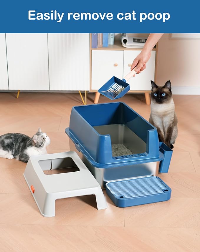 XL Stainless Steel Enclosed Litter Box with Covered for Indoor Cats, High Sides, Eliminates Odors, Easy Clean, Blue, FOXORU
