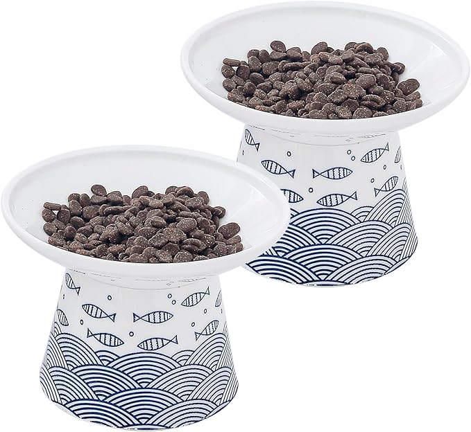 OMAYKEY Extra Wide Cat Bowls, 6.25 Inch Ceramic Raised Cat Bowl Set for Food & Water, Wide Shallow Pet Food Dish, Anti Vomiting, Stress Free, Whisker Fatigue, 2 Packs, Blue