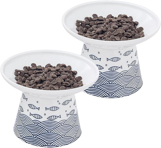 OMAYKEY Extra Wide Cat Bowls, 6.25 Inch Ceramic Raised Cat Bowl Set for Food & Water, Wide Shallow Pet Food Dish, Anti Vomiting, Stress Free, Whisker Fatigue, 2 Packs, Blue