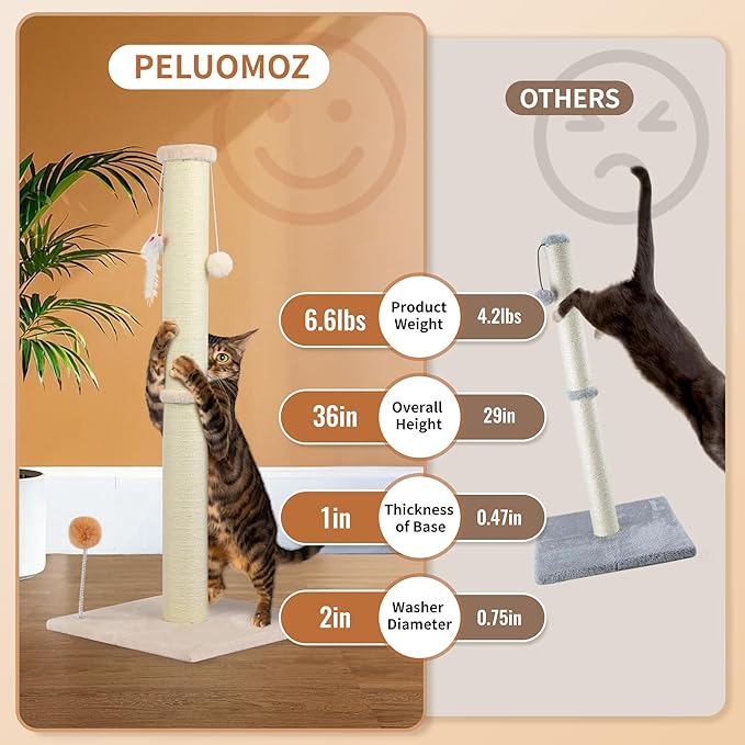 36 Inch Tall Cat Scratching Post – Sisal Cat Scratcher for Indoor Cats, Large Vertical Scratch Post, Sturdy Cat Scratch Pole Tower, Modern Cat Furniture for Kittens & Adults (Beige)