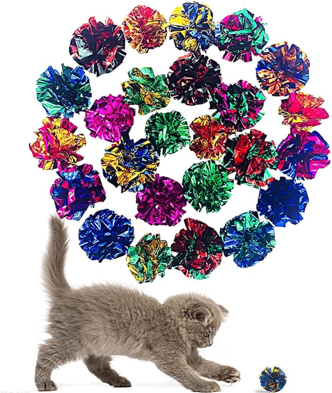 PET SHOW 20 Pcs Cat Crinkle Toy Ball 2.5inch Mylar Cat Pounce Chase Toys Colorful Paper Ball Chase Training Activity for Cats Kittens
