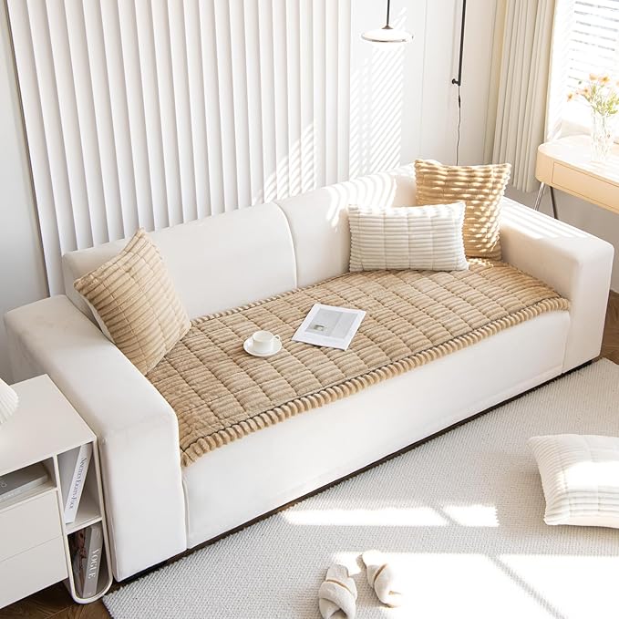 Faux Fur Plush Dog Couch Cover 3D Stripe Fuzzy Sofa Cover Non-Slip Fluffy Dog Bed Cover Pet Blanket Sofa Couch Furniture Protector for Puppy Large Dog Cat (Coffee,35"x82")