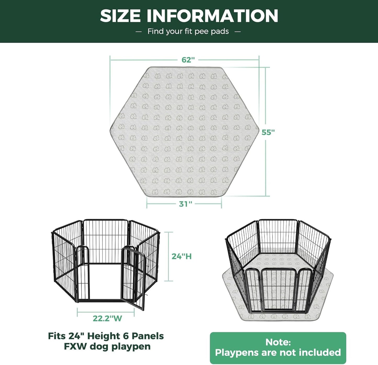FXW Washable Pee Pads for Dogs, Puppy Pads with Super Absorbent, Specifically Designed for FXW Rollick/Homeplus 24inch 6 Panels Dog Playpen, 31" Hexagon, Khaki, 2 Packs