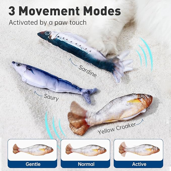 Bite-Sized Realistic Flopping Fish Cat Toys, 3 Pack, Interactive Cat Toys for All Breeds, Tap-Activated 3 Flapping Mode, Sardine/Saury/Yellow Croaker, 7.1 Inches, with Catnip, Rechargeable
