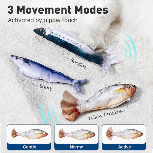 Bite-Sized Realistic Flopping Fish Cat Toys, 3 Pack, Interactive Cat Toys for All Breeds, Tap-Activated 3 Flapping Mode, Sardine/Saury/Yellow Croaker, 7.1 Inches, with Catnip, Rechargeable