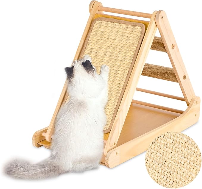 Sisal Cat Scratcher, Foldable Wooden Cat Scratcher and Lounge, Cat Ramp and Cozy Nest for Indoor Cats