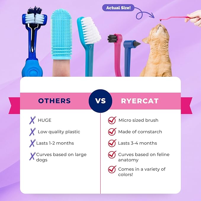 RYERCAT Set of Dual Sided Cat Toothbrushes - Kitten Toothbrush with Micro Head to fit into Kittens Mouth - Cat Dental Care Supplies Pet Toothbrush for Cats (Flamingo Pink and Space Blue)