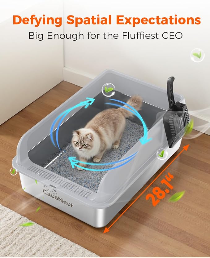 XXXL Stainless Steel Cat Litter Box with Lid 28.1''×20.5'' × 10.1” Extra Large Metal Cat Litter Box for Big, Multi Cats, Anti-Leakage & Non-Stick Metal Pan, Easy to Clean, Durable (Light Grey