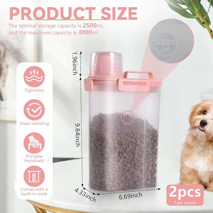 SenseYo 2 Pack 2.5lb Pet Food Storage Container with Measuring Cup, 3L Cat Food Storage Container Dog Food Storage BPA Free for Small Dog, Cat, Bird (Pink, Green)