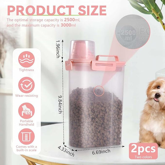 SenseYo 2 Pack 2.5lb Pet Food Storage Container with Measuring Cup, 3L Cat Food Storage Container Dog Food Storage BPA Free for Small Dog, Cat, Bird (Pink, Green)
