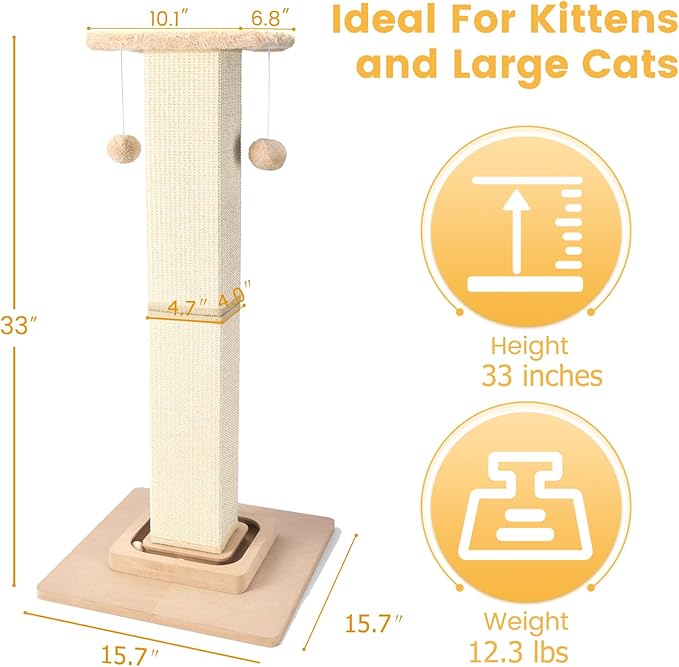 Cat Scratching Post,33 Inches Heavy Duty and Thicker Cat Scratching Posts for Indoor Cats Adults,Tall Cat Scratching Post with Interactive Toys and Hanging Ball, Protect Your Furniture, Beige
