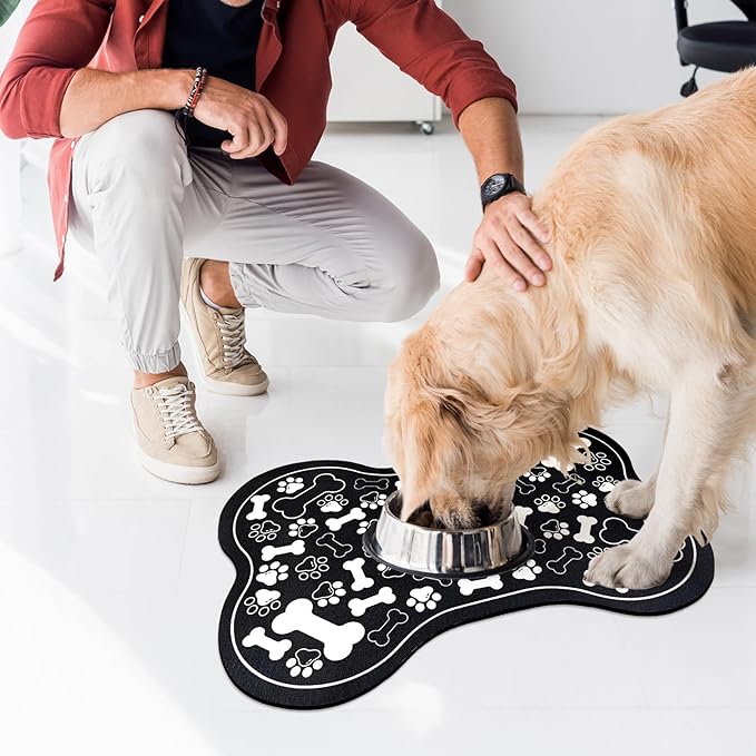 Dog & Cat Food Mat Bone Shaped Pet Feeding Mat Quick Absorb Water Bowl Placemat with Rubber Backing Indoor Floor Stain Resistant Pet Accessory Supplies (Black, 17x29 Inches)