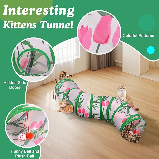 Pawaboo Cat Tunnel, S-Shaped Cat Tube Tunnel 25 * 97cm(9.8''*38.2'') with Balls and Bells, Collapsible Portable Kitten Play Tent Toy Interactive Cats House with Peep Holes for Kitty, Tulip & Bird