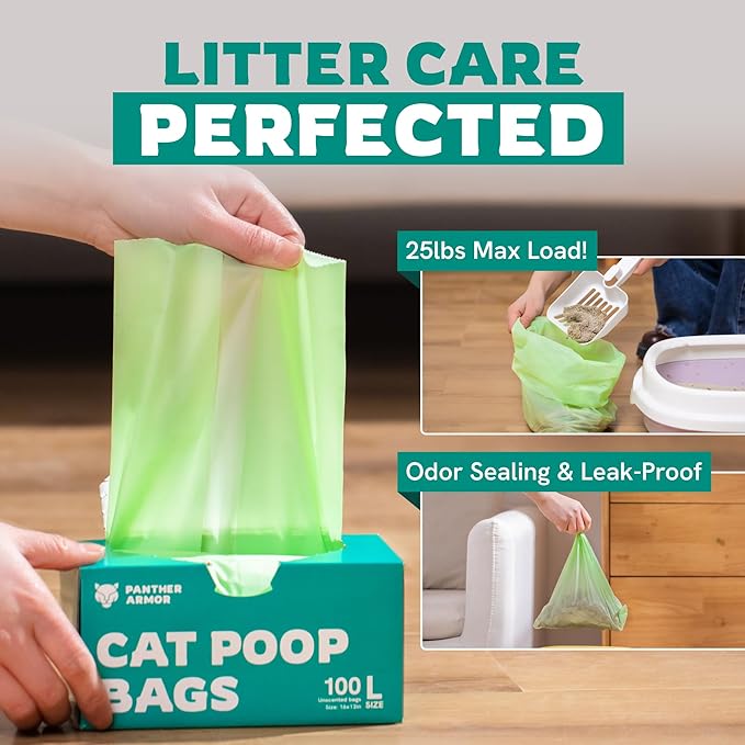 Panther Armor Litter Bags - 200x Unscented Compostable Cat Poop Bags 16x12in Super Large Cat- Kitty Leak Proof Box Trash, Odor Proof Cat Litter Disposal Bags