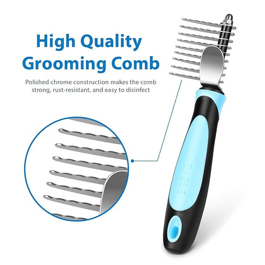 Flexzion Dogs Dematting Comb, Stainless Steel Blades Rakes, for Pets Cats Animals Matted Knotted Hair, Brush Cutting Removing Grooming Tool with Smooth Teeth Needle - Black & Blue Handle