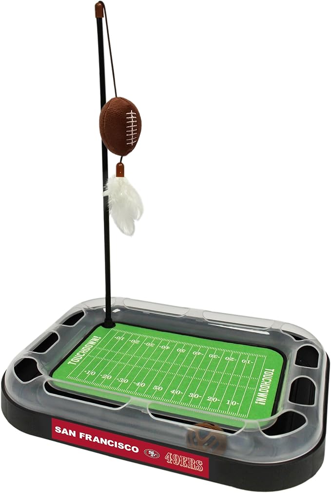 Pets First Cute Cat Toy SAN Francisco 49ERS Football Field CAT Scratcher Toy, Catnip Filled Plush Football Toy & Feather Cat Toy Hanging with Jingle Bell Interactive Ball Cat Chasing 5in1 Kitty Toy