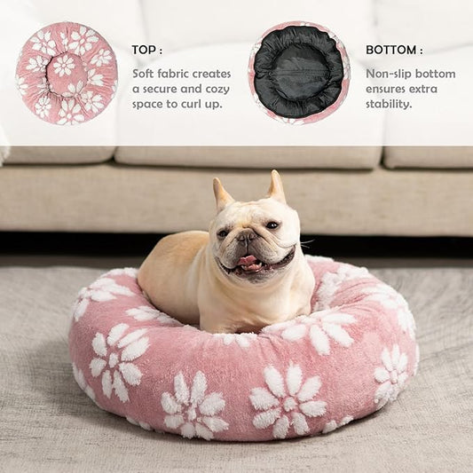 Donut Dog Beds for Small Dogs, Calming Round Cat Beds for Indoor Cats, Cute 3D Textured Flower Pet Bed with Removable Washable Cover and Anti-Slip Bottom（Pink，23"）