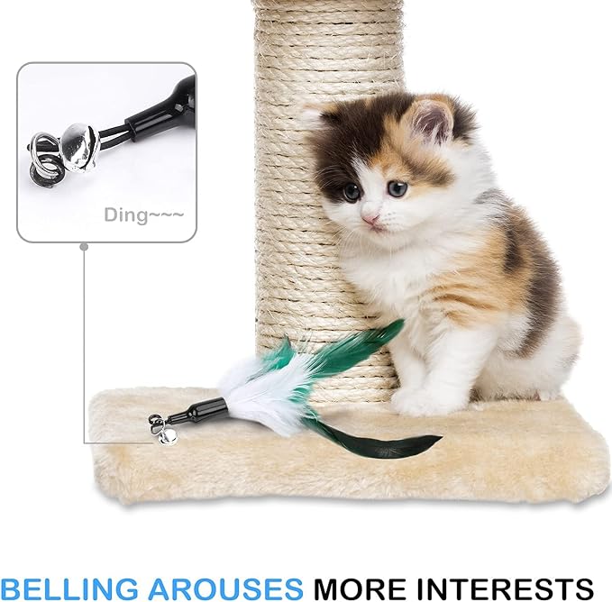 Pawaboo Feather Teaser Cat Toy, Interactive Feather Wand Cat Toy Flying Feather Cat Catcher with Extra Long 34.5" Wand and Small Bell, Fun Exerciser Playing Toy for Kitten or cat, White & Green