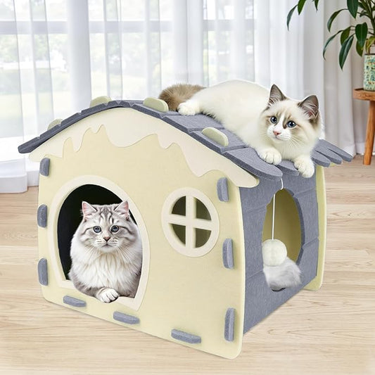 Babepets Cat House for Indoor Cats, Medium Felt Bed Cave with Ball Hanging, Foldable Detachable Cats Condo, Scratch Resistant Hideaway for Multiple Pets up to 20Lbs, House Type Cat Playhouse, Grey