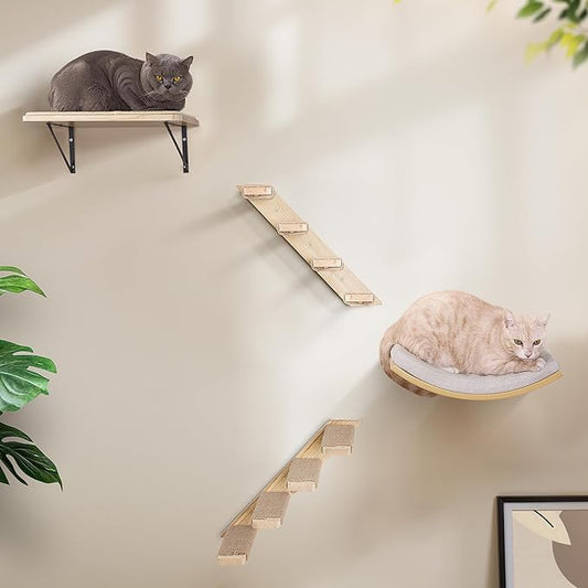 Wooden Cat Wall Steps Shelves Set, Wall Mounted Cats Shelves with Foam Cushion Bed, Flat Perch & 2 Four-Step Cat Ladders for Climbing