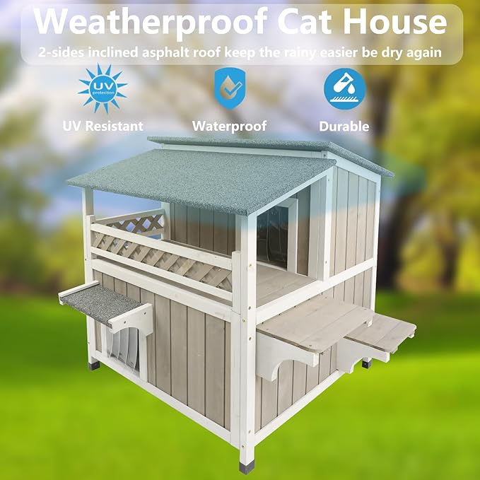 Feral Cat Shelter Outdoor Weatherproof Houses for Cats Two Story Wooden Cat House Outside Feral Cat House with Balcony Waterproof, Escape Doors