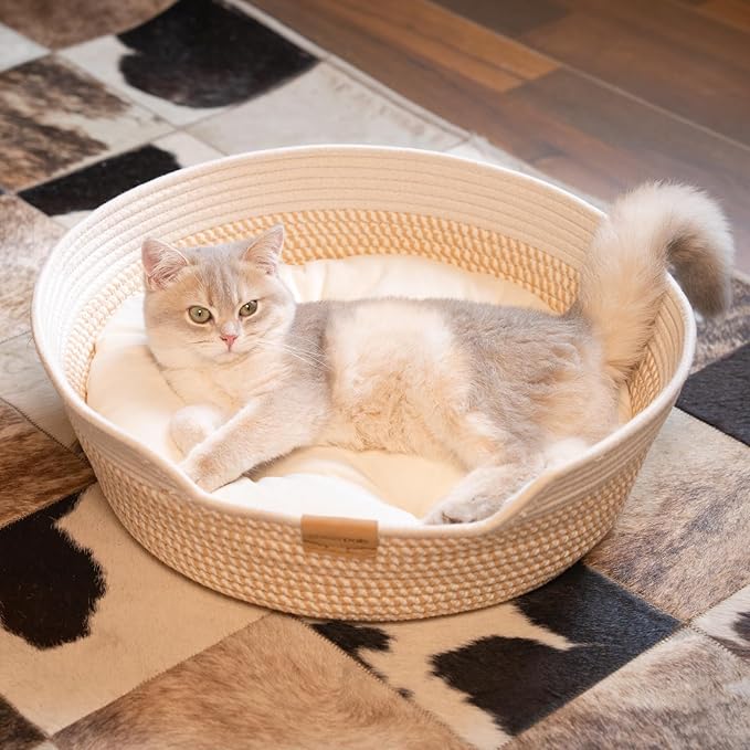 Cat Bed Basket with Cushion, Cute Pet Bed for Indoor Cats Couch, Kitten Bed for Medium and Large Cat, All Season Universal (White)