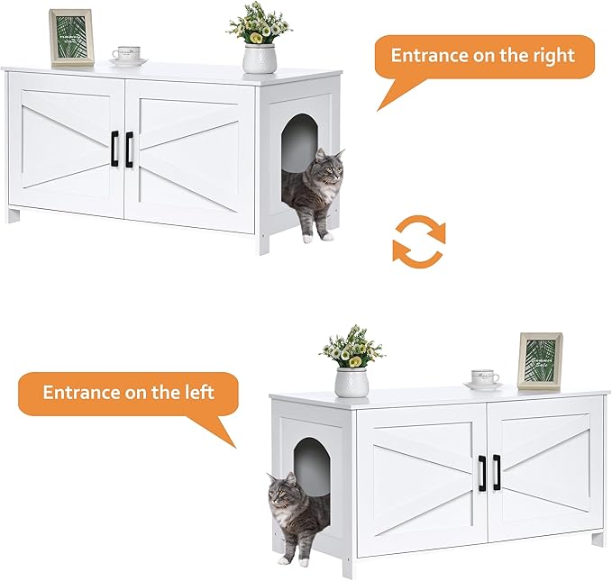 Homhedy 39.4" L Cat Litter Box Enclosure, Pet House with Barn Door, Wooden Cat Washroom Furniture, Fit Most of Litter Box, White