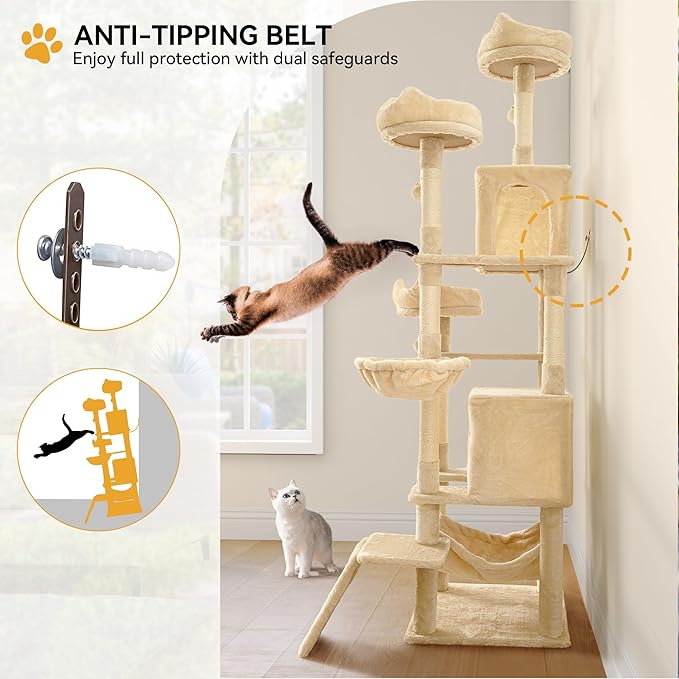 YITAHOME 75-Inch Tall Cat Tree Indoor: Multi-Level Kitten Tower with Kitty Condos, Top Perches, Sisal Ramp, Scratching Posts & Cozy Basket Hammocks Pet Play House Beige