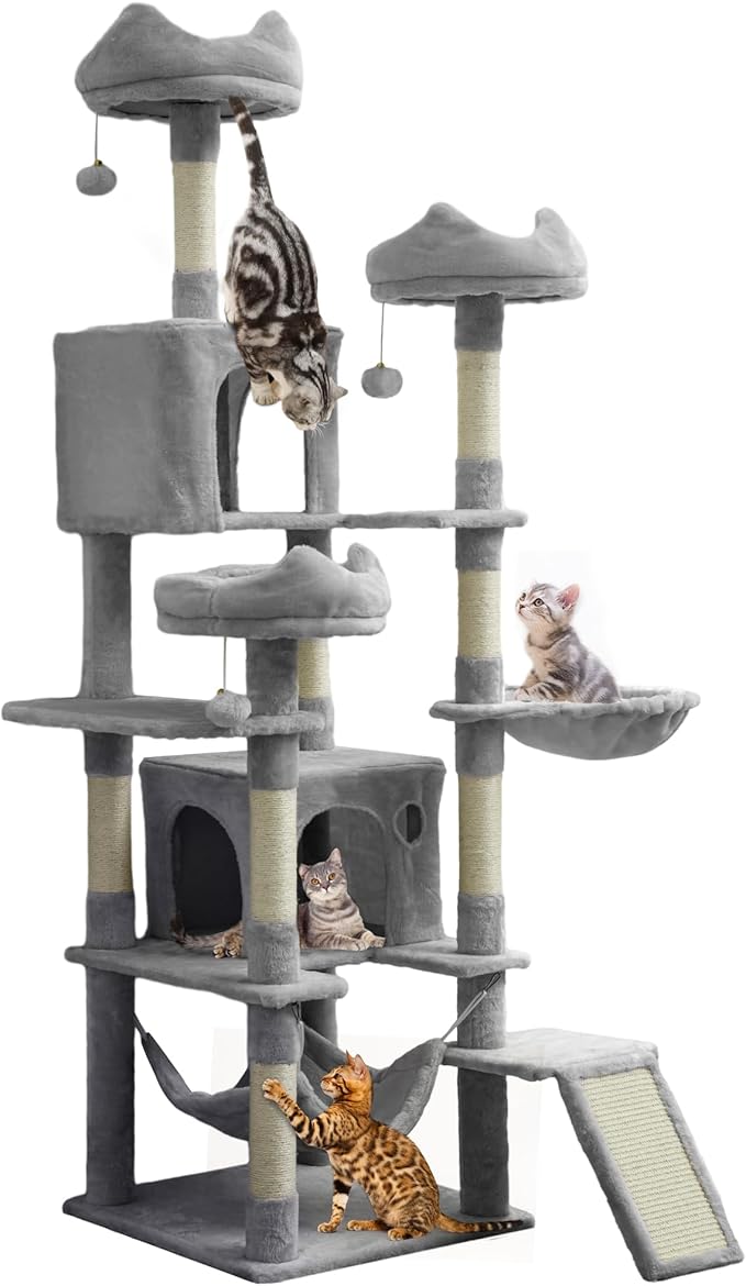 YITAHOME Tall Cat Tree for Indoor Cats, 75 inch Multi-Level Cat Tower with Cat Condos, Top Perches, Sisal Ramp Scratching Posts, Cozy Basket, Hammocks, Large Cat Pet Activity Structure, Light Gray