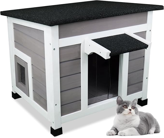 Cat House Outdoor/Indoor All-Weather Wooden Shelter with Openable Asphalt Roof for Feral Cats & Small Animals