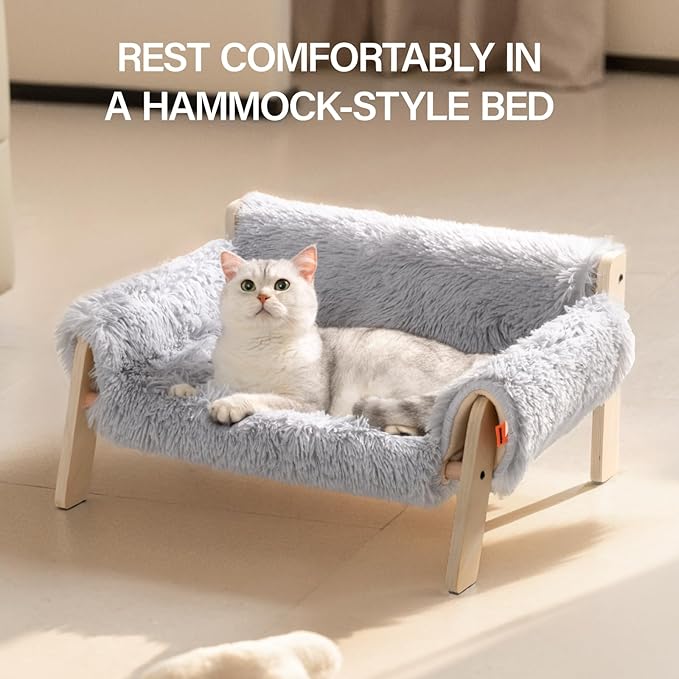 MEWOOFUN Cat Couch Bed, Pet Sofa for Indoor Cats Wooden Indoor Elevated Cat Beds with Removable Mattress Cover Suitable for Kitty, Puppy or Small Animal (Grey, Medium)