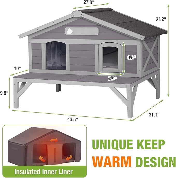 GUTINNEEN Insulated Outdoor Cat House with All-Round Liner, Weatherproof Feral Cat Shelter for Winter with 3 Entry Doors, Indoor Cat Condo for Multiple Cats