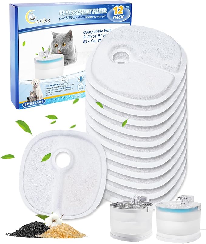 Cat Fountain Filter Replacement, Compatible with 2L/67oz E1 and E1+ Automatic Cat Water Dispenser, Cat Water Fountain Filters, Pet Fountain Filters Replacement Multilayer Filter, 12Pack