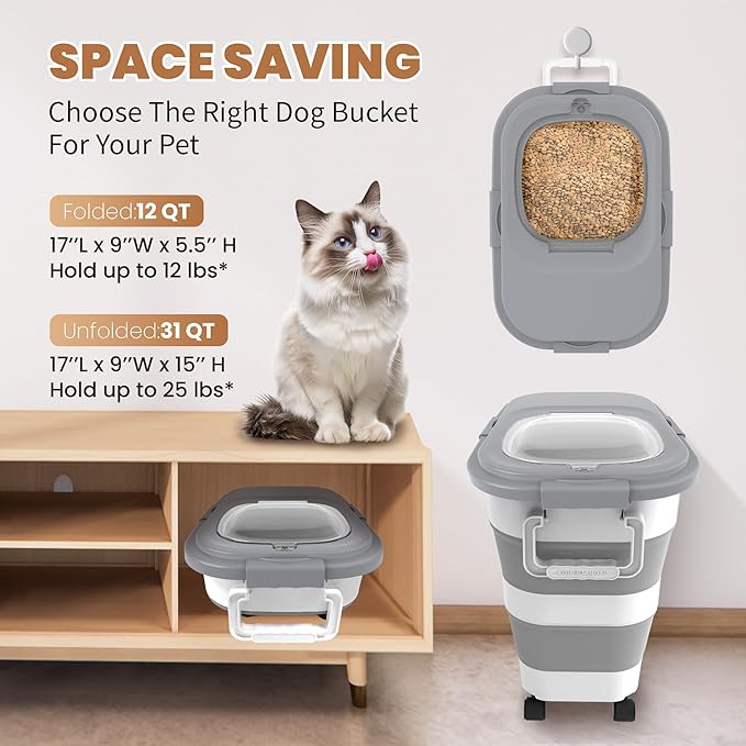 23-25 Lbs Airtight Dog Food Storage Container,Collapsible Dog Food Container with Lid,Wheels,Handle,Large Pet food storage Container with Scoop,Small Food Container for Dog Cat
