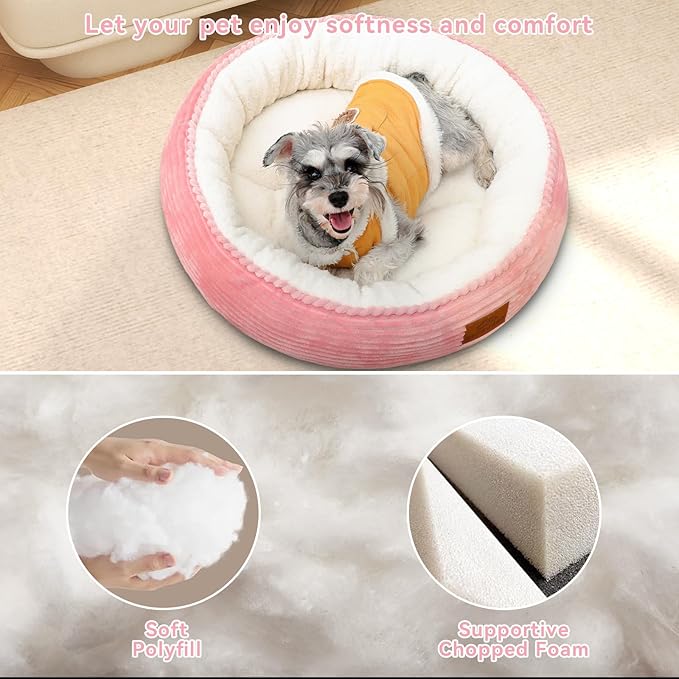 30in Round Dog Bed Sofa for Small/Medium/Large Dogs, Machine Washable Supportive Foam Pet Couch with Washable Removable Mat and Non-Slip Bottom, Pet Cuddler for Indoor/Outdoor/Car/Cage, Pink